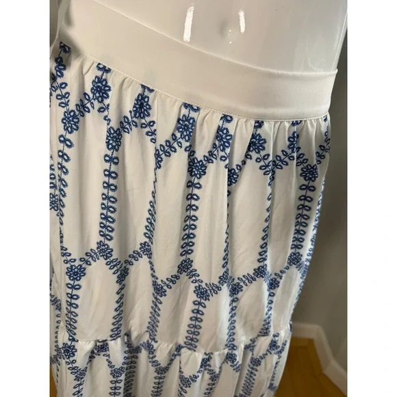 Commense Boho Blue & White Embroidered Maxi Skirt Flowing Tiered Summer Skirt S - Picture 5 of 10